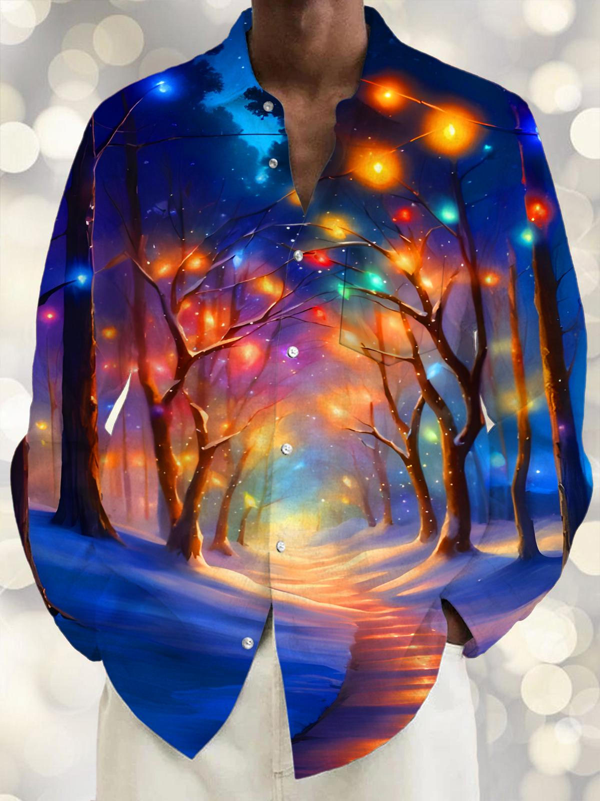 Colorful Lights Illumination Woods Path Men's Pocket Long Sleeve Shirts
