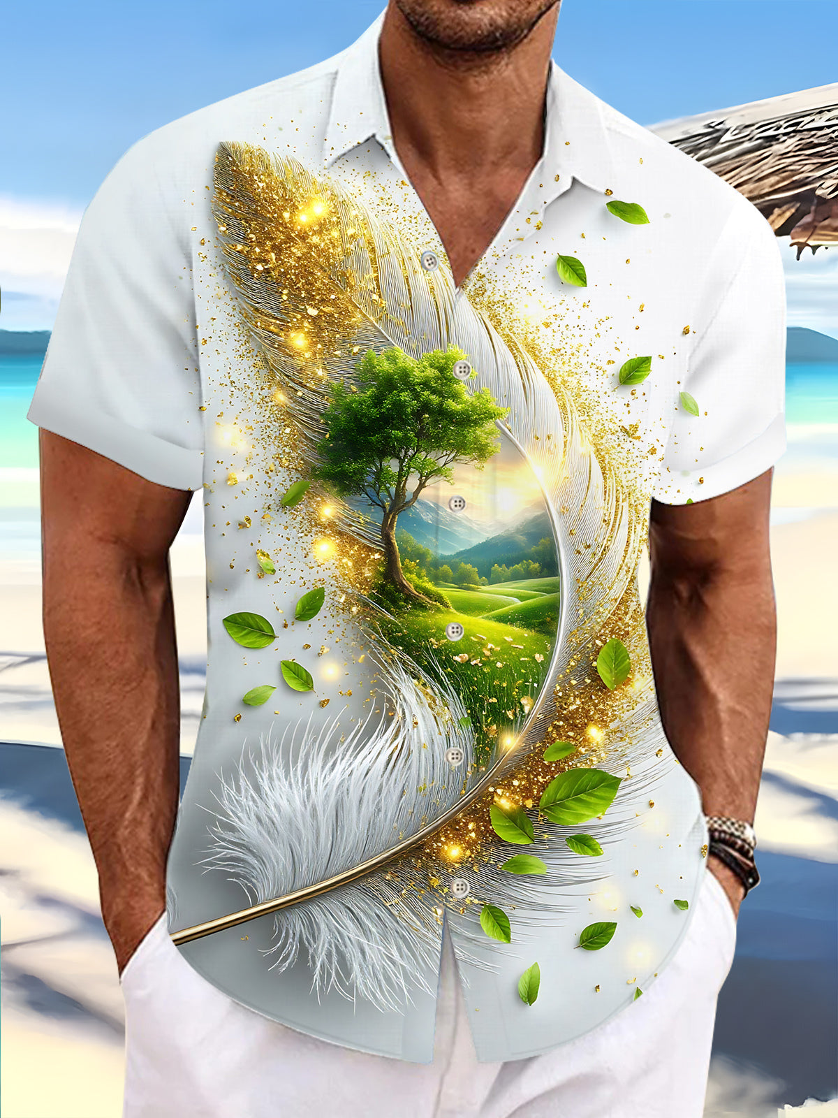 Feather Tree Print Men's Pocket Short Sleeve Shirts