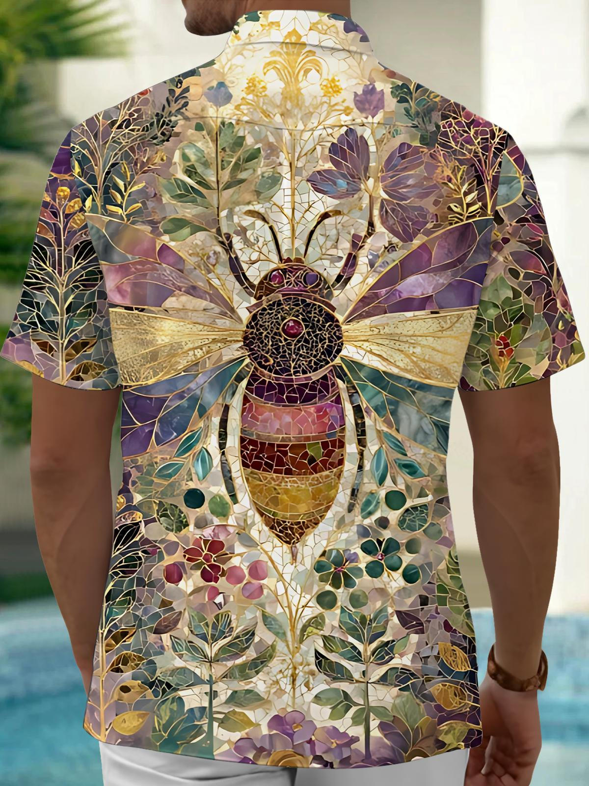 Bee Floral Print Men's Pocket Short Sleeve Shirts