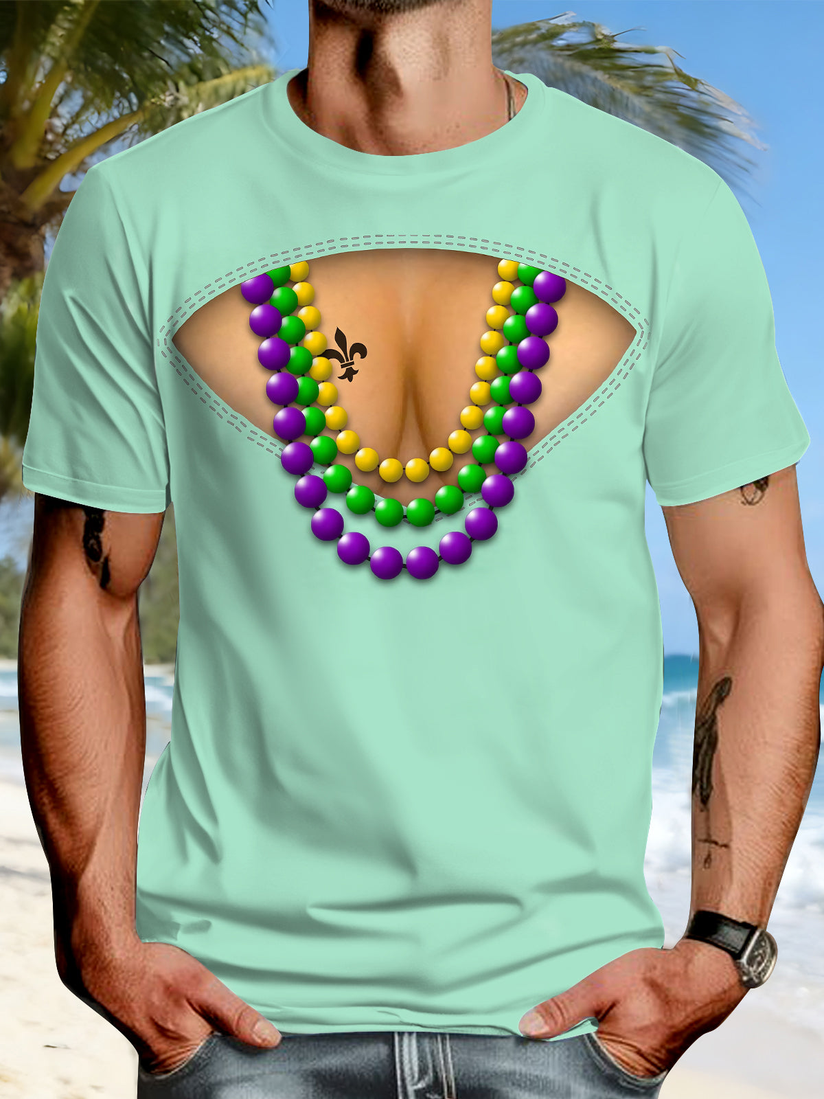 Mardi Gras Print Round Neck Short Sleeve Men's T-shirt