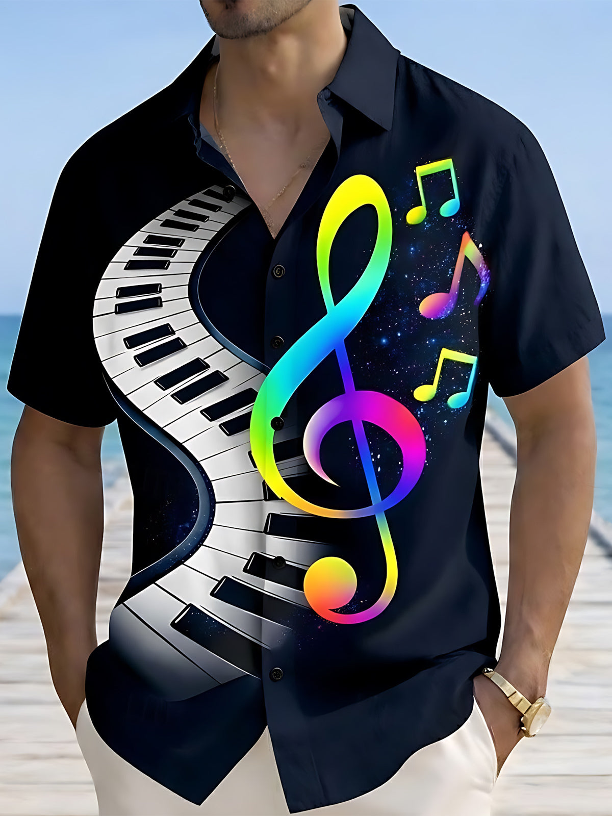 Musical Note Piano Print Men's Pocket Short Sleeve Shirts