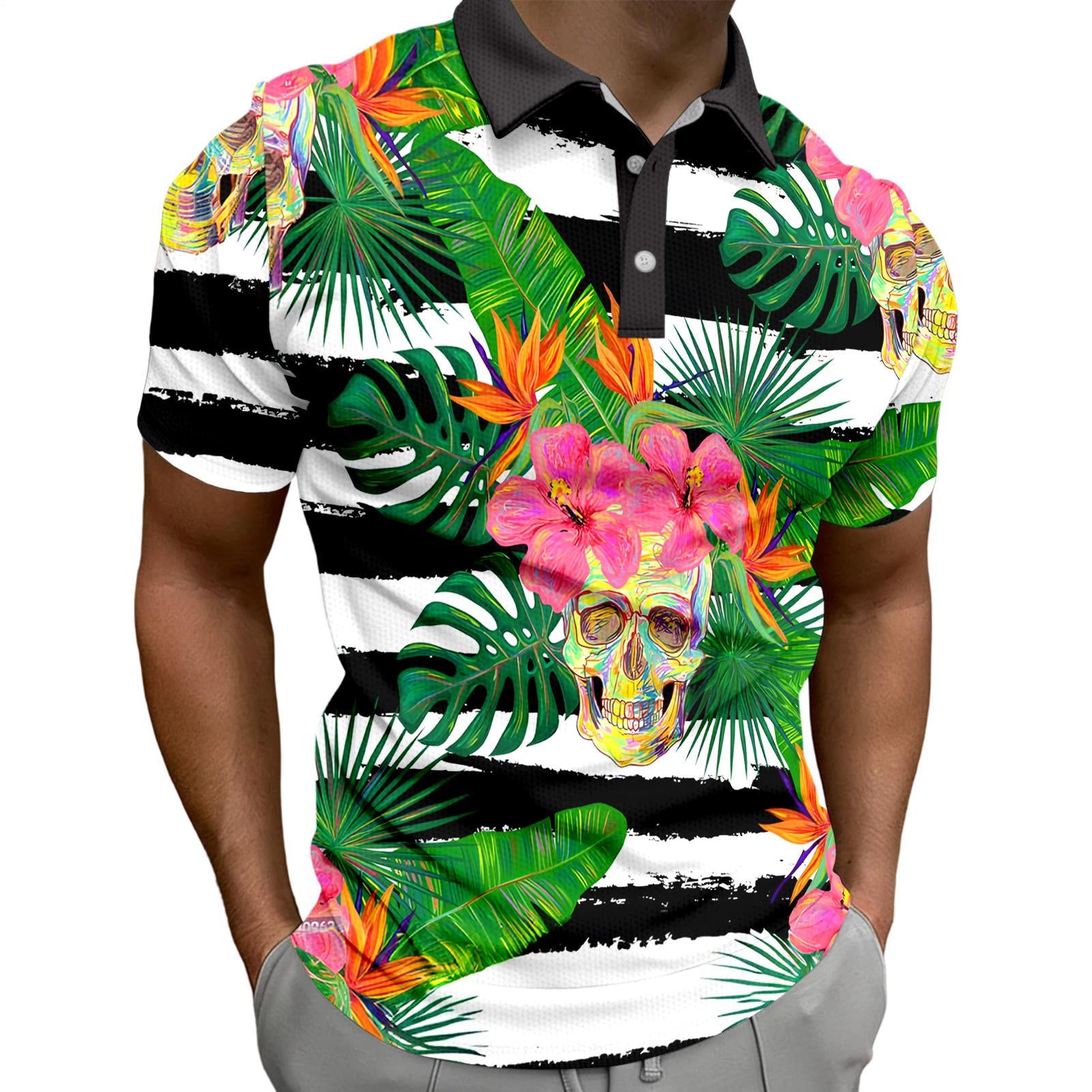 Skull Collared Tee Shirt for Men Waffle Floral Summer Short Sleeve Fashion Button Graphic Tee Shirt for Beach consistent