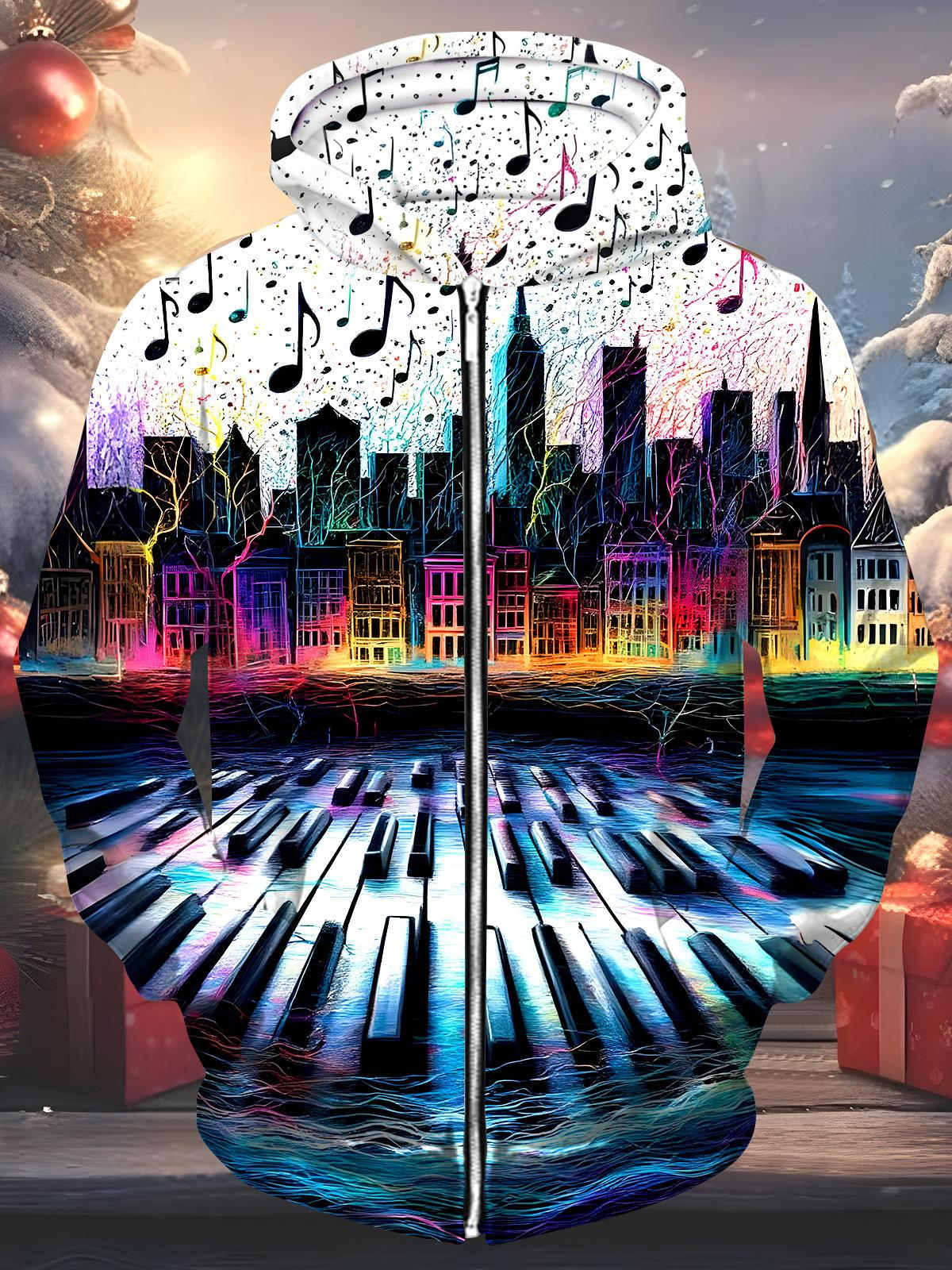 Music Piano Men's Pocket Long Sleeve Zip Up Hoodies