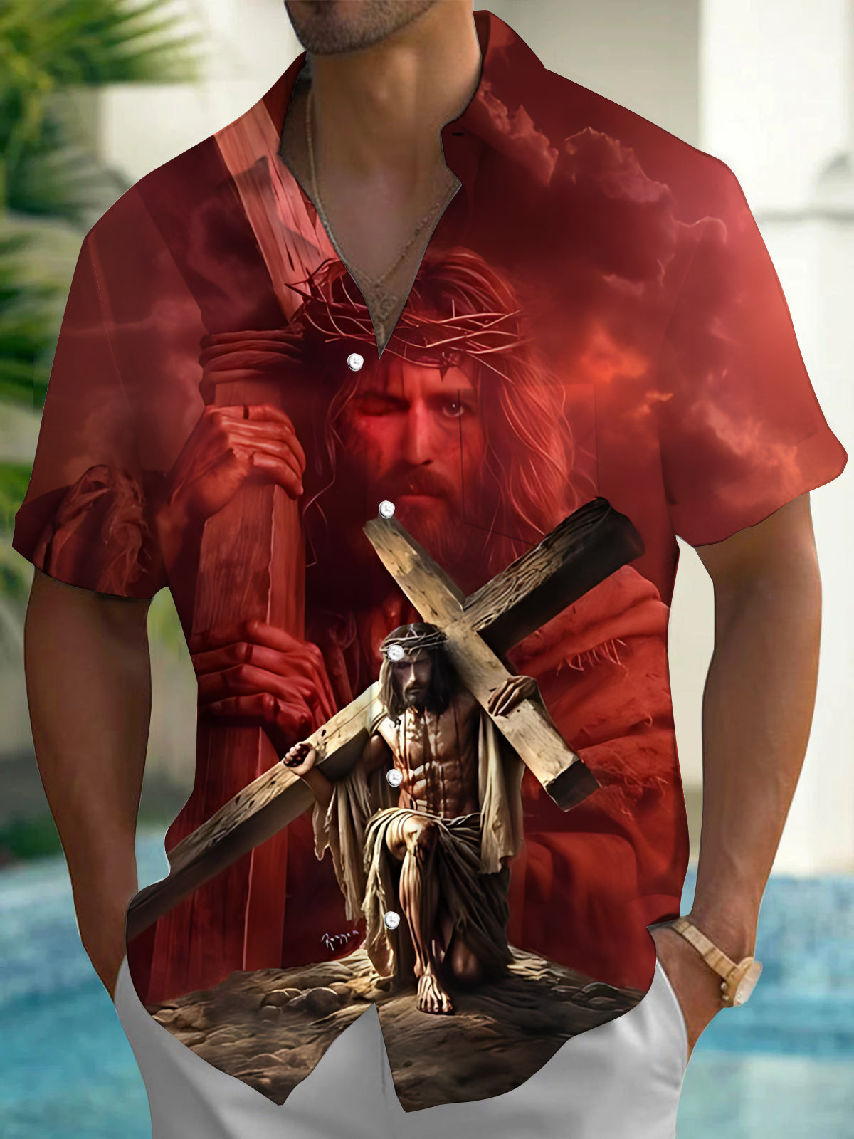 Jesus Print Men's Pocket Short Sleeve Shirts