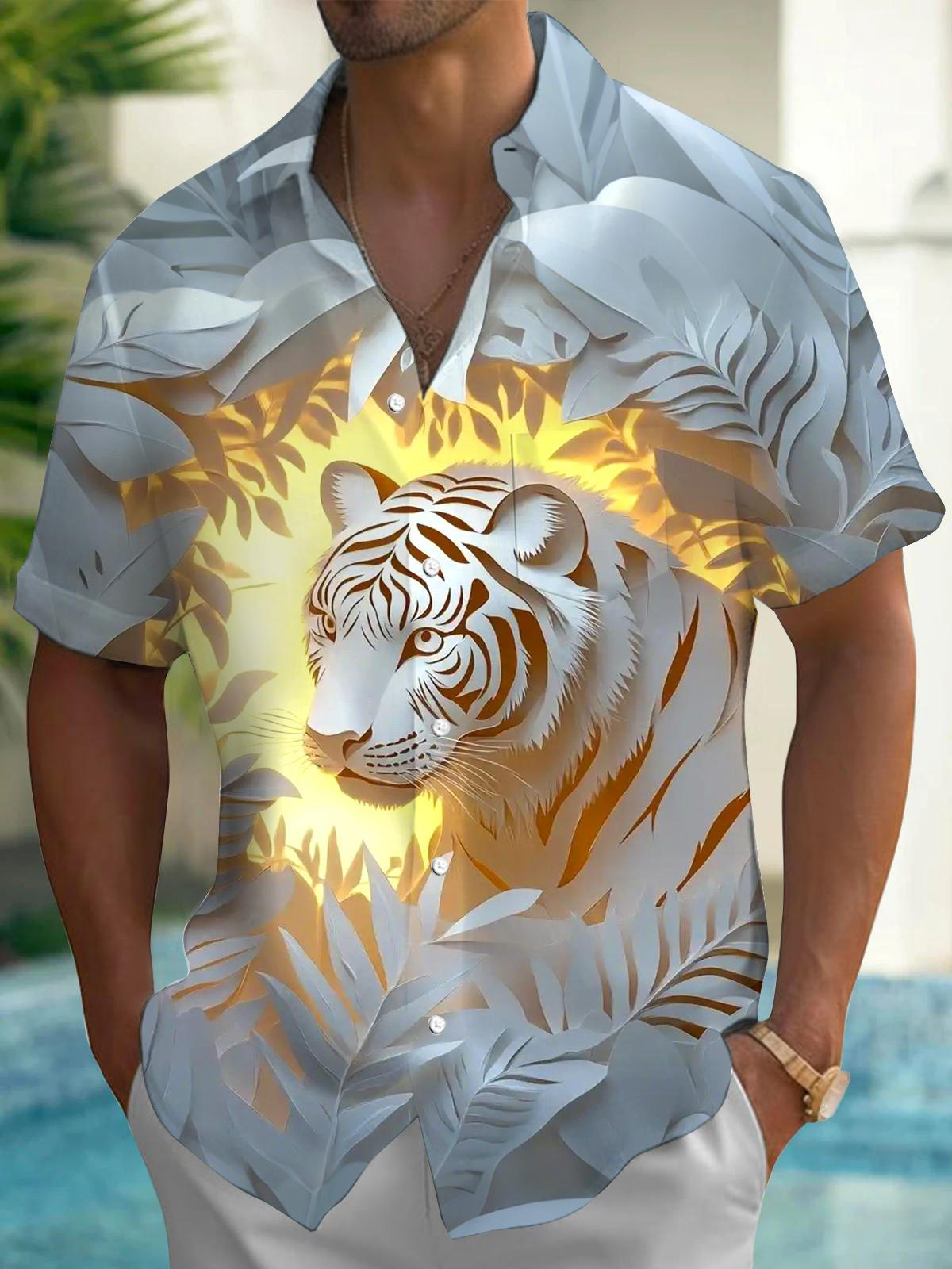 Tiger Print Men's Pocket Short Sleeve Shirts
