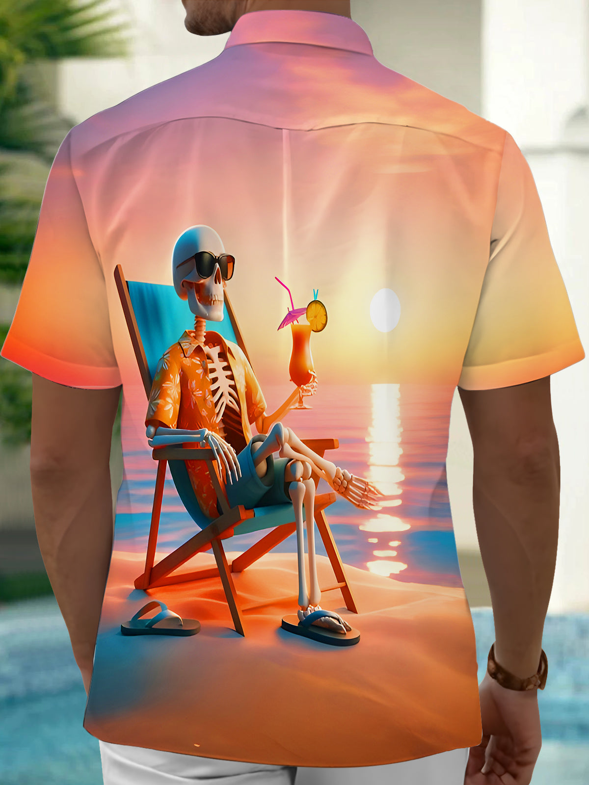 Hawaiian Funny Skull Beach Sunset Men's Pocket Short Sleeve Shirts