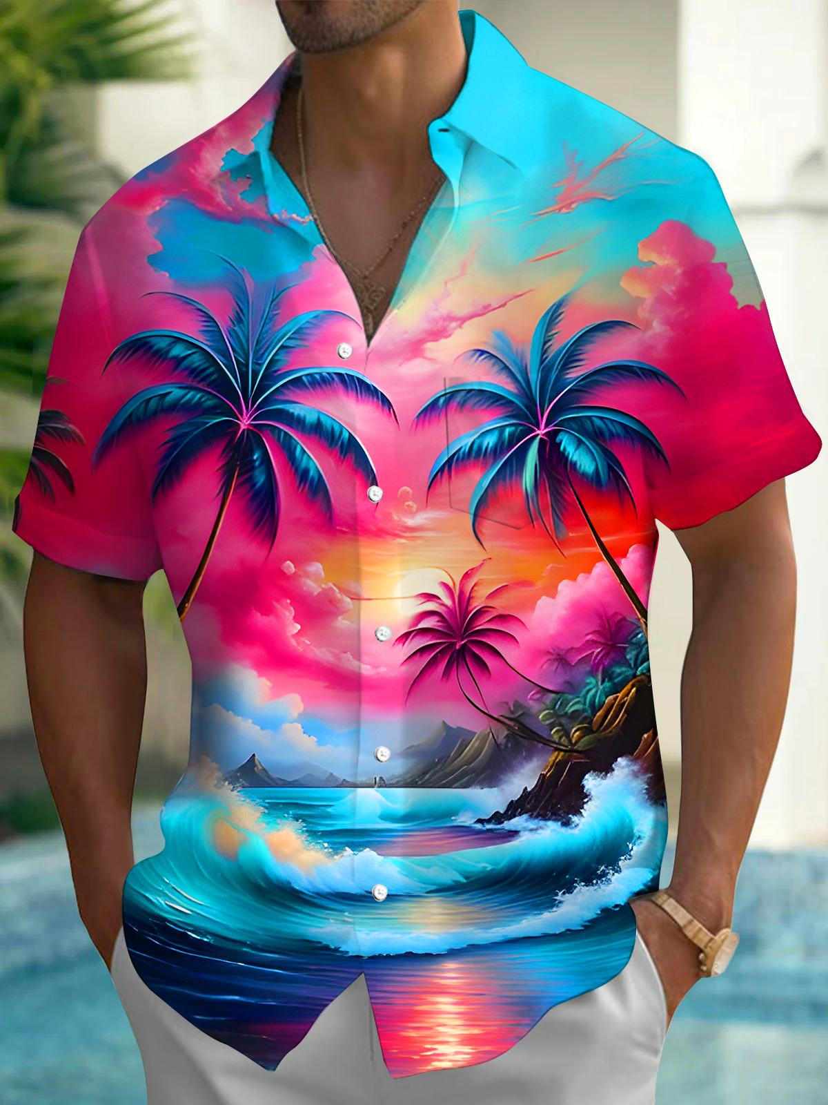 Hawaii Coconut Palm Sunset Beach Men's Pocket Short Sleeve Shirts