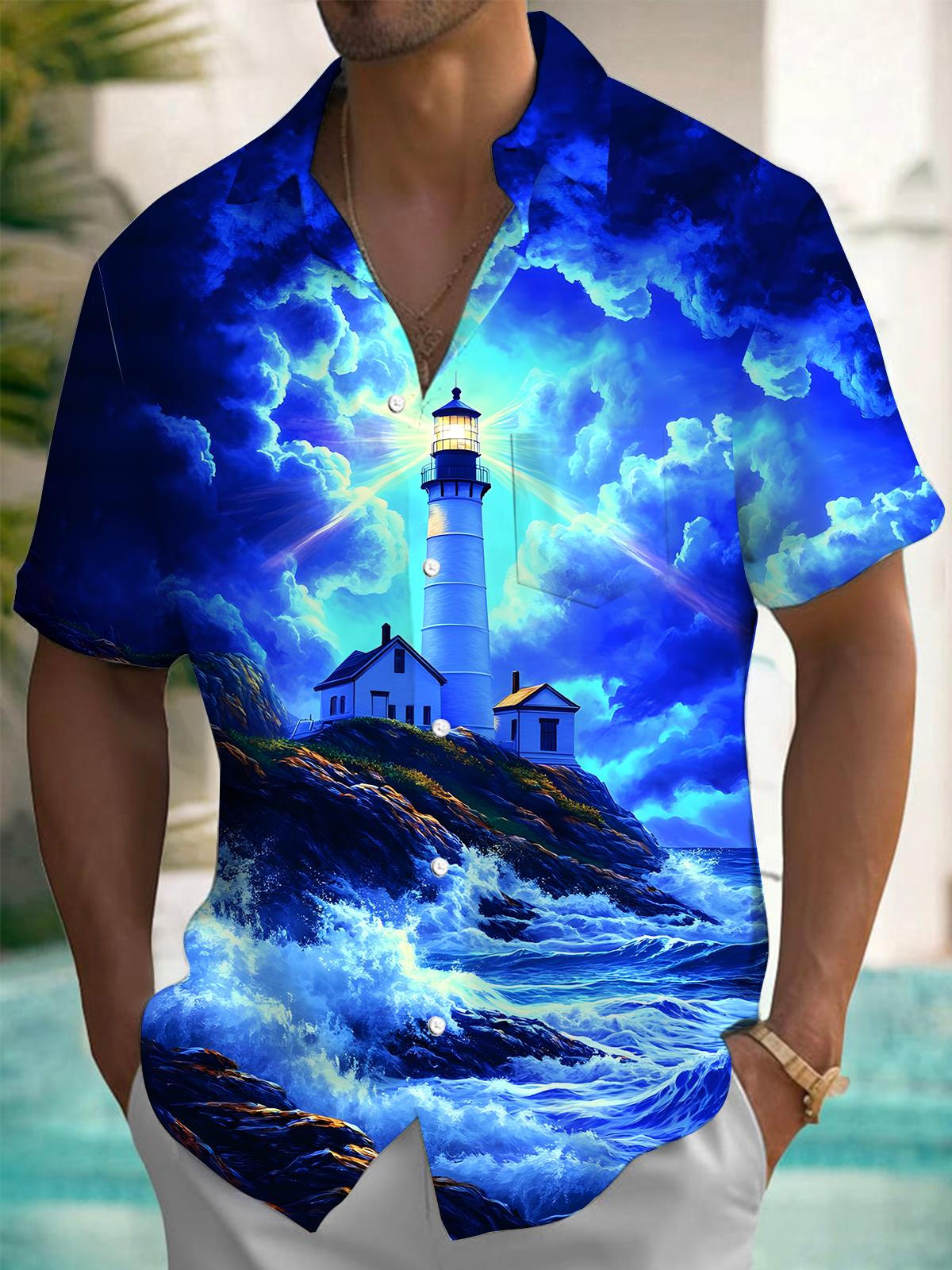 Lighthouse Print Men's Pocket Short Sleeve Shirts