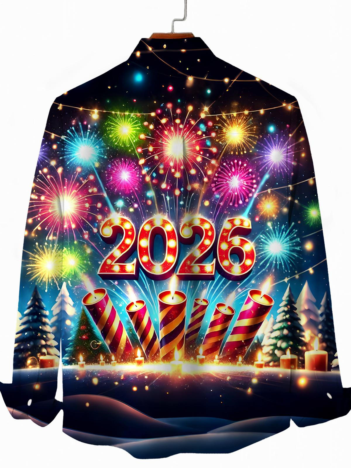 2026 New Year Firework Men's Pocket Long Sleeve Shirts