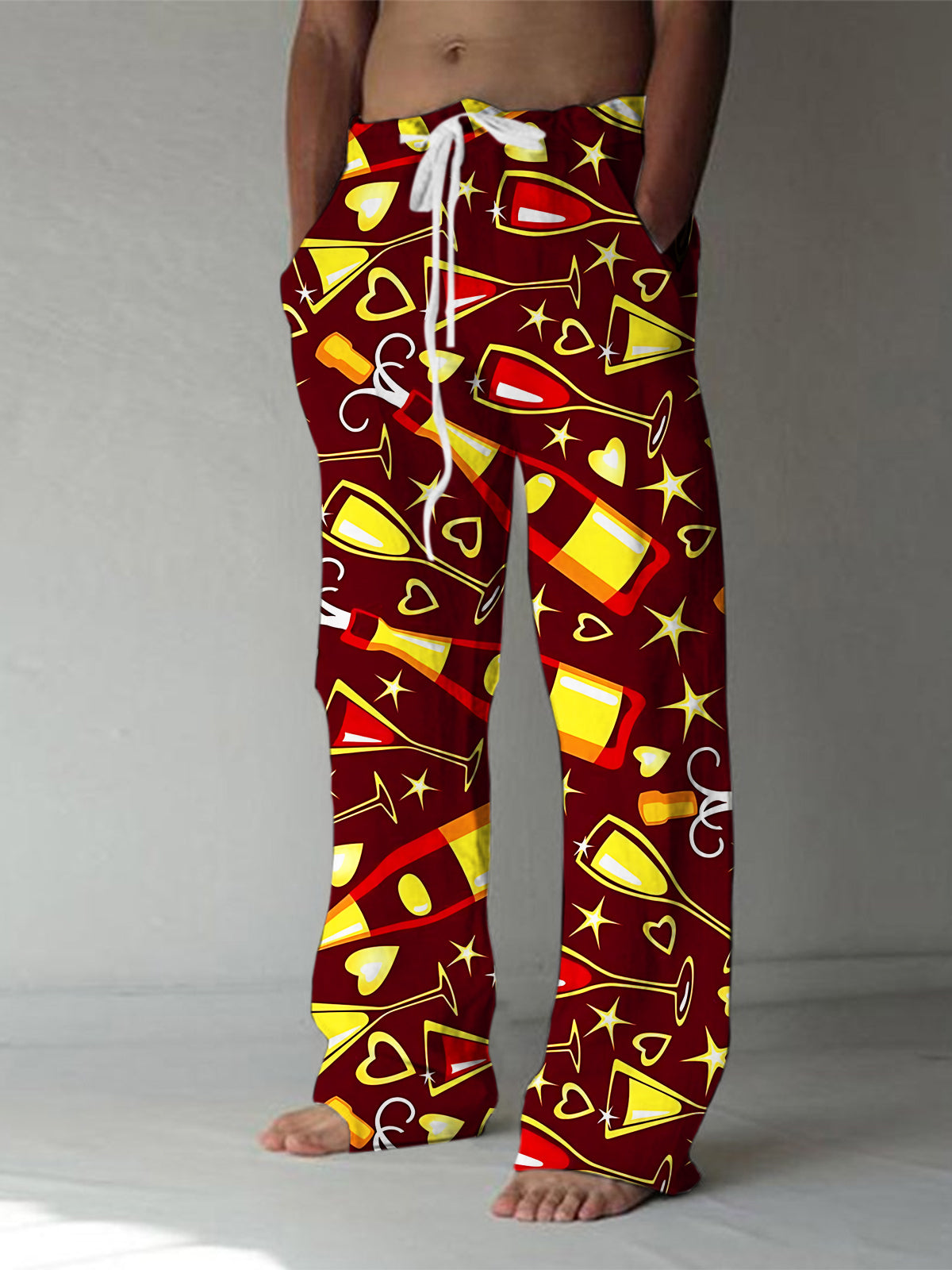 Champagne Glass Print Men's Casual Elastic Waist Pants