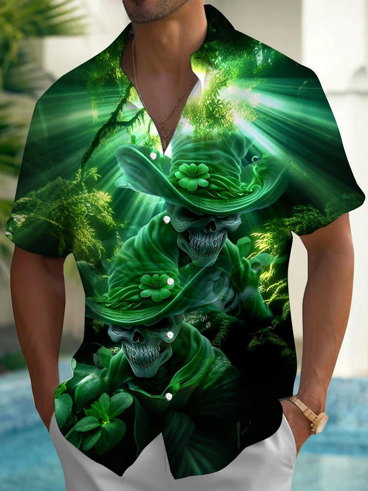 St. Patrick's Day Skull Print Men's Pocket Short Sleeve Shirts