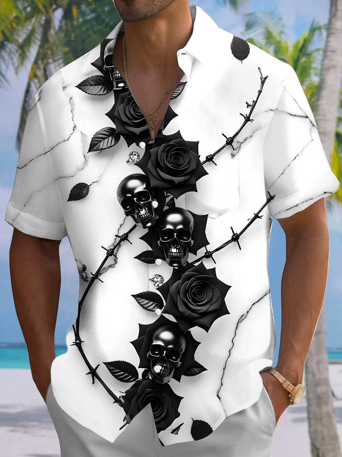 Skull Floral Men's Pocket Short Sleeve Shirts