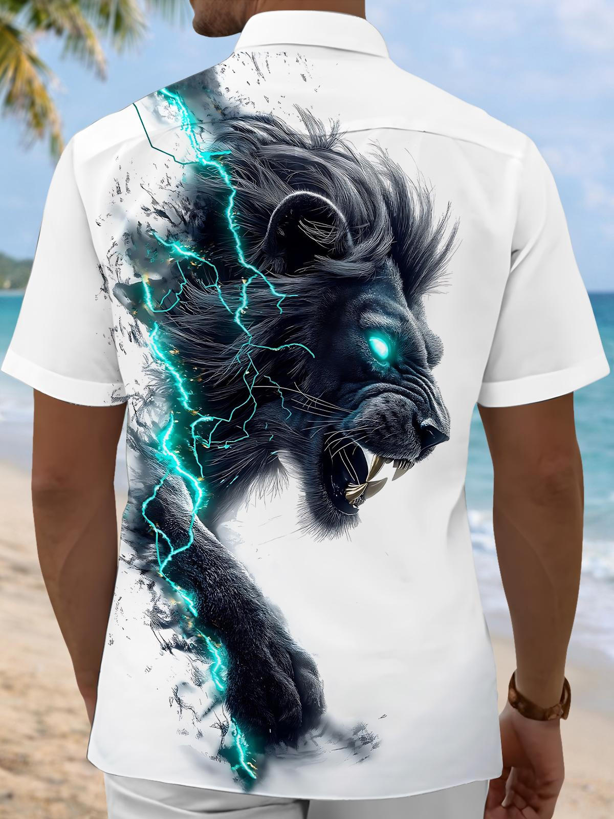 Lion Print Men's Pocket Short Sleeve Shirts