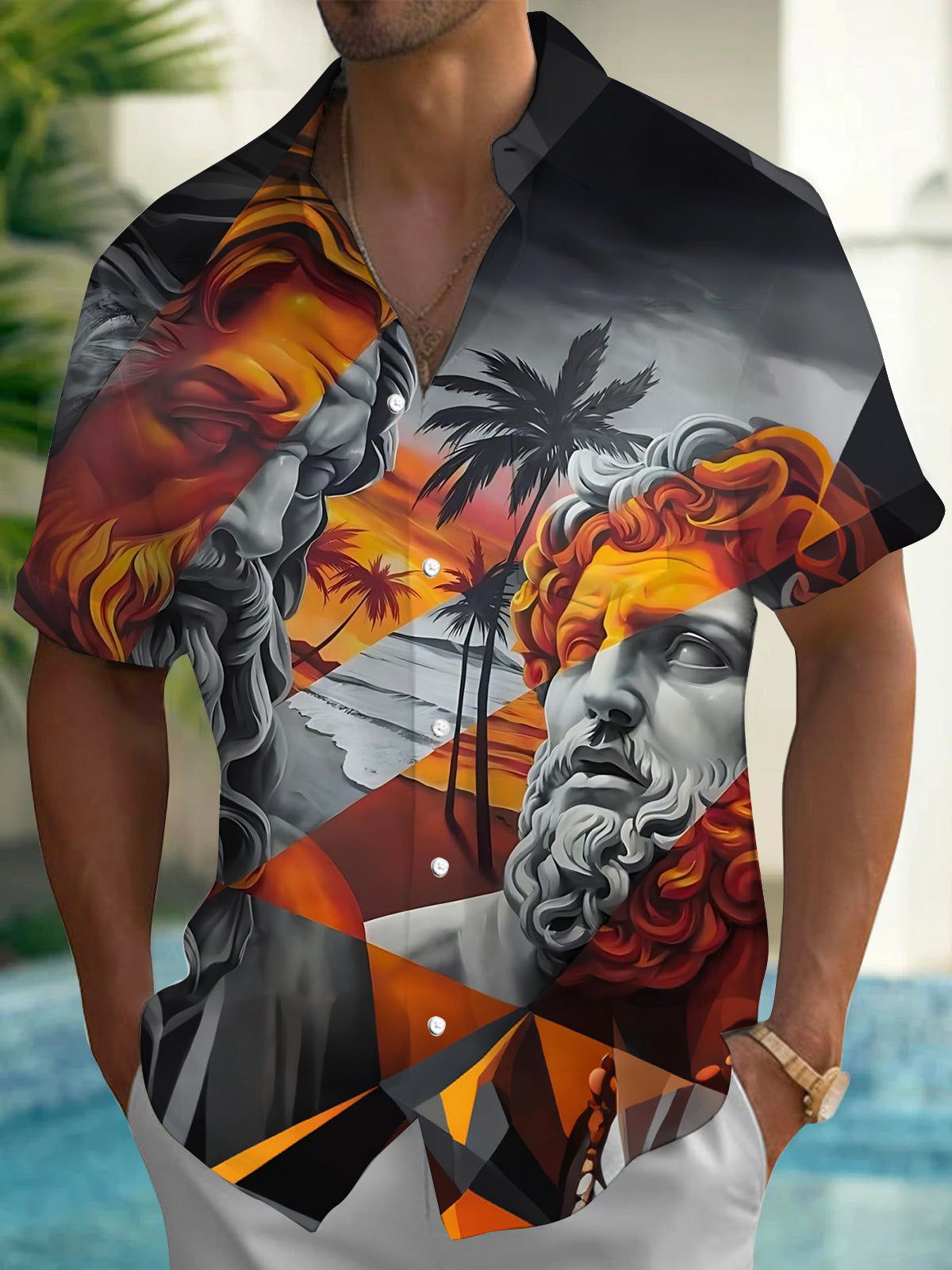 Sculpture Palm Tree Art Print Men's Pocket Short Sleeve Shirts