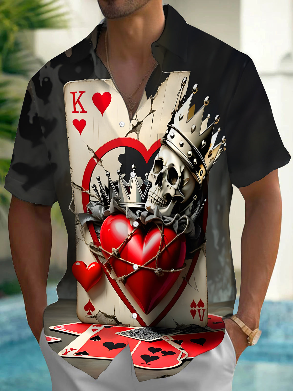 Poker Skull Men's Pocket Short Sleeve Shirts