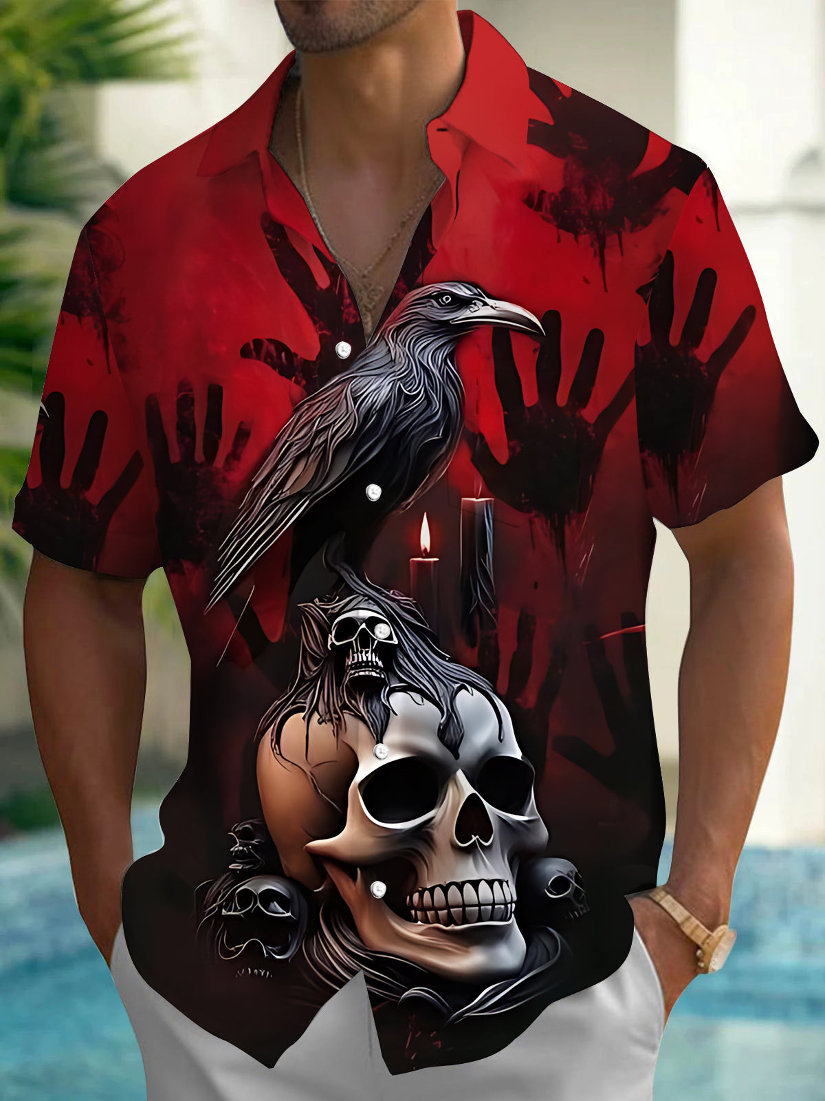 Halloween Crow Skull Print Men's Pocket Short Sleeve Shirts