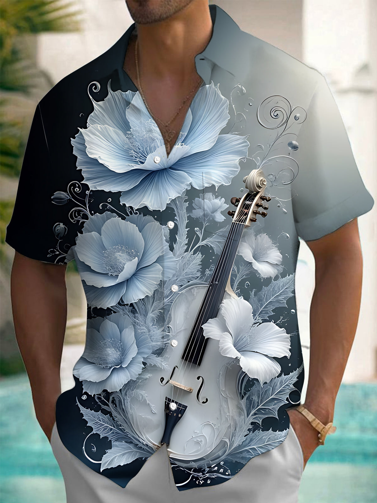 Floral Violin Print Men's Pocket Short Sleeve Shirts