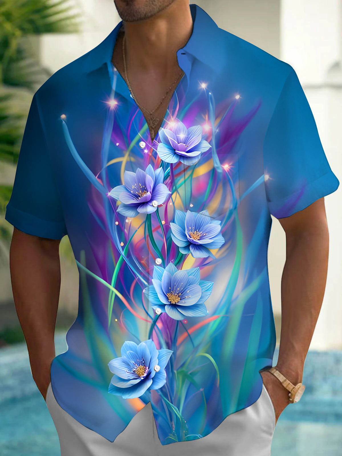 Art Floral Men's Pocket Short Sleeve Shirts