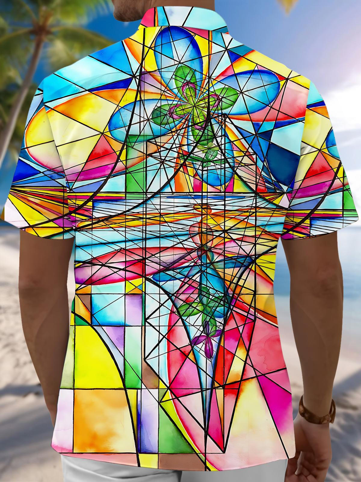 Abstract Geometric Line Print Men's Pocket Short Sleeve Shirts