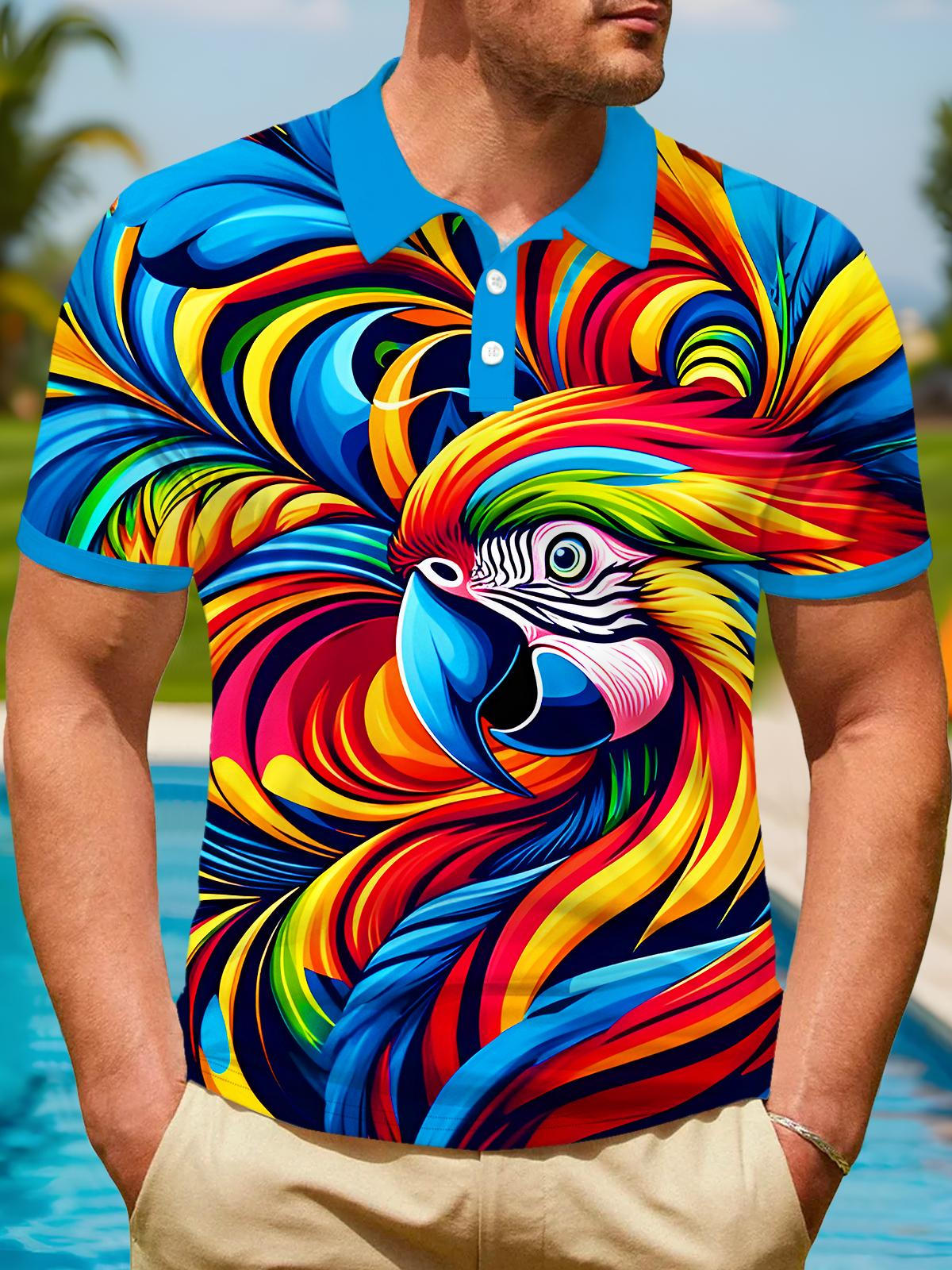 Hawaiian Colorful Parrot Men's Short Sleeve Button Polo Shirt