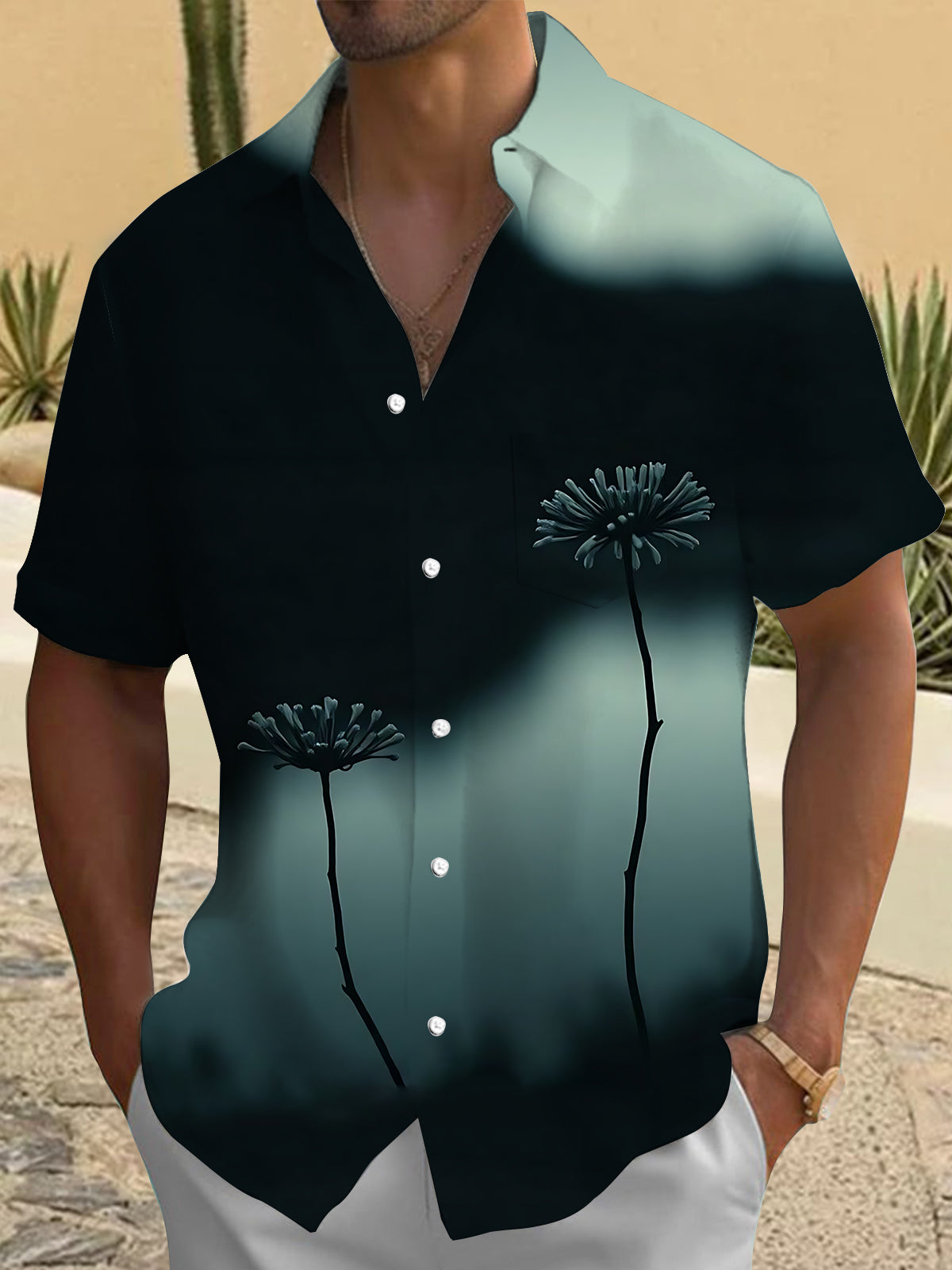 Dandelion Print Men's Pocket Short Sleeve Shirts