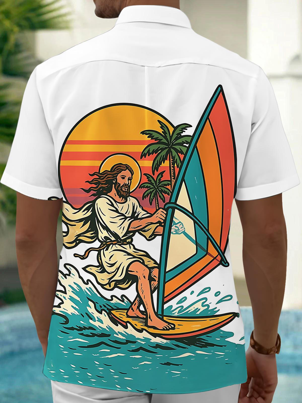 Jesus Surfing Print Men's Pocket Short Sleeve Shirts