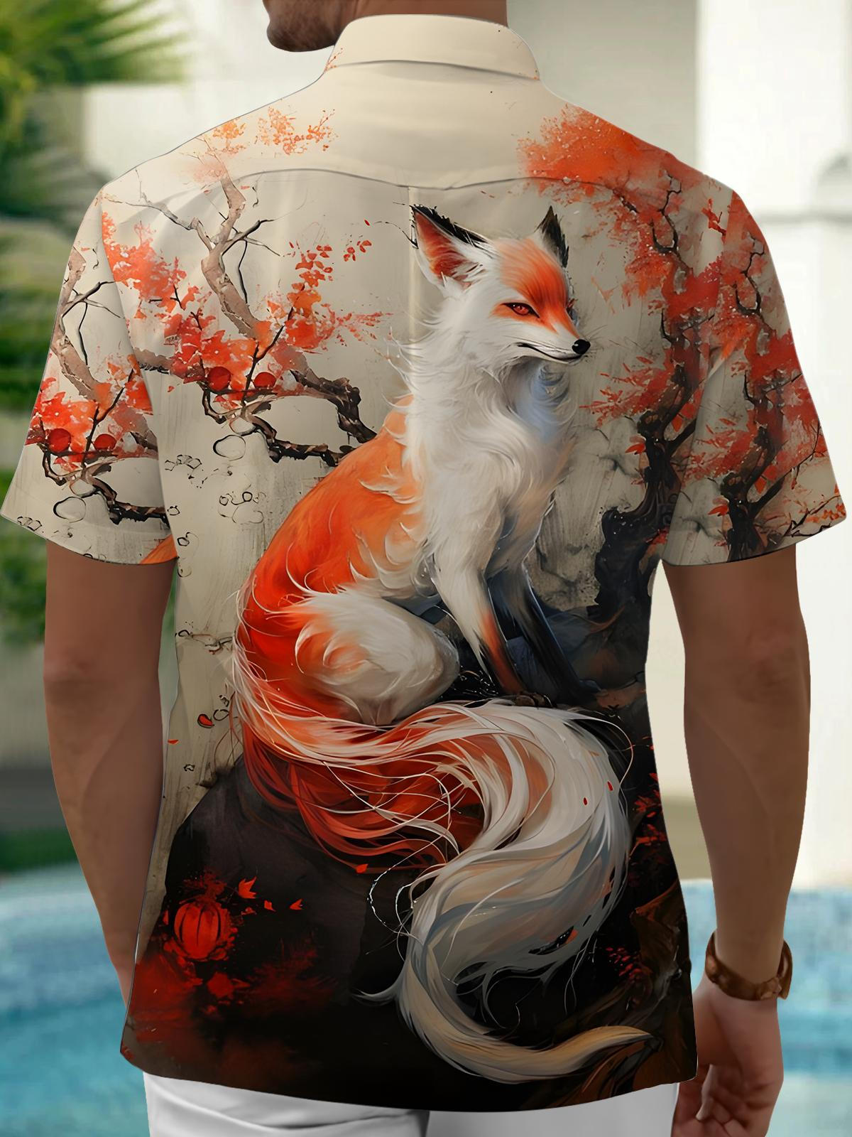 Fox Floral Print Men's Pocket Short Sleeve Shirts