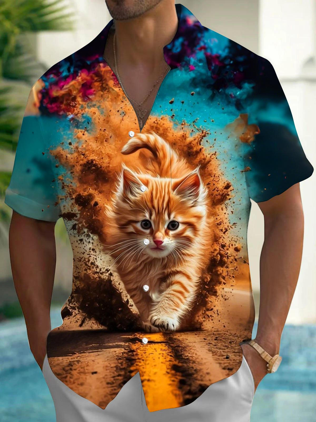 Cat Print Men's Pocket Short Sleeve Shirts