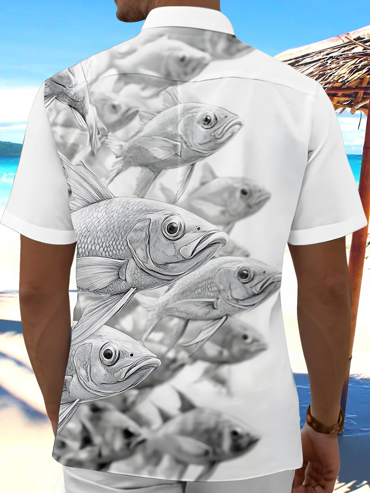 Fish Print Men's Pocket Short Sleeve Shirts