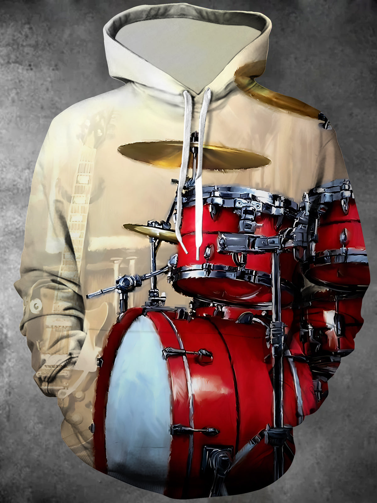 Drum Set Print Long Sleeve Hooded Pocket Men's Top