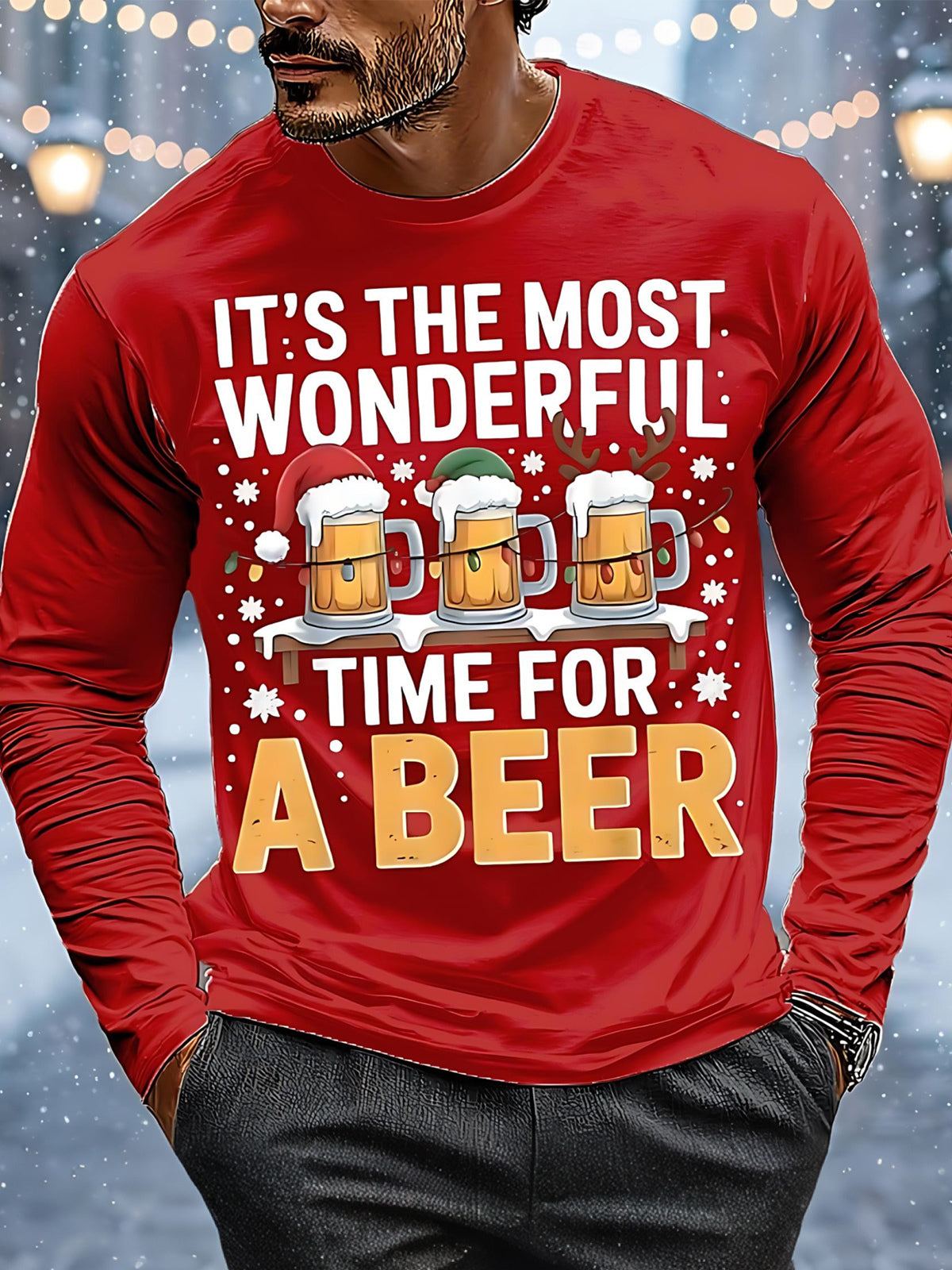 Christmas Beer Print Men's Long Sleeve Round Neck T-Shirt