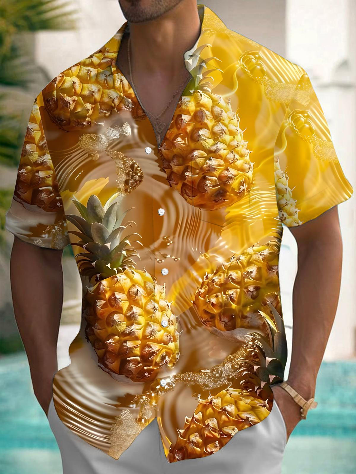 Pineapple Print Men's Pocket Short Sleeve Shirts
