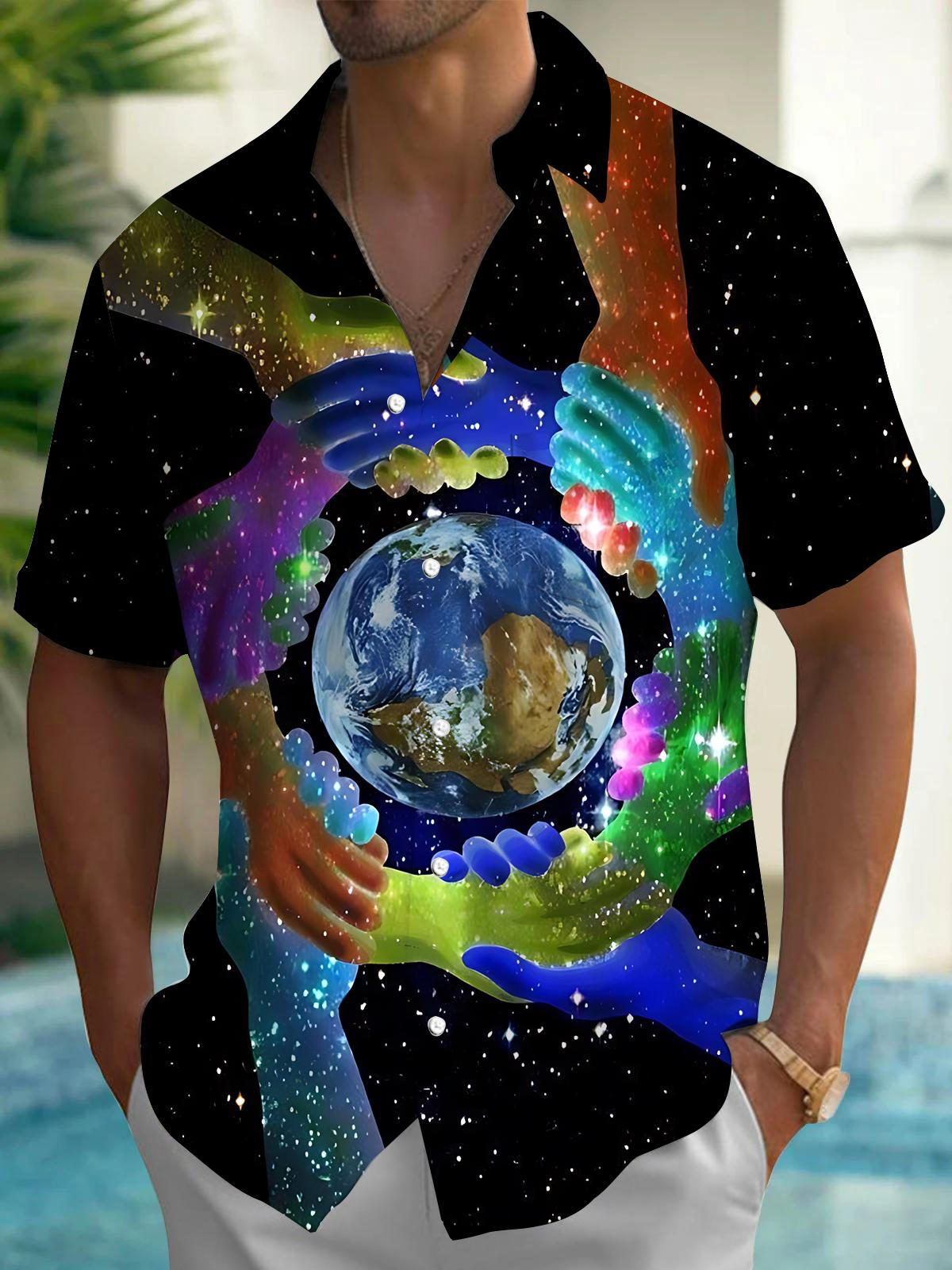 Earth Art Print Men's Pocket Short Sleeve Shirts