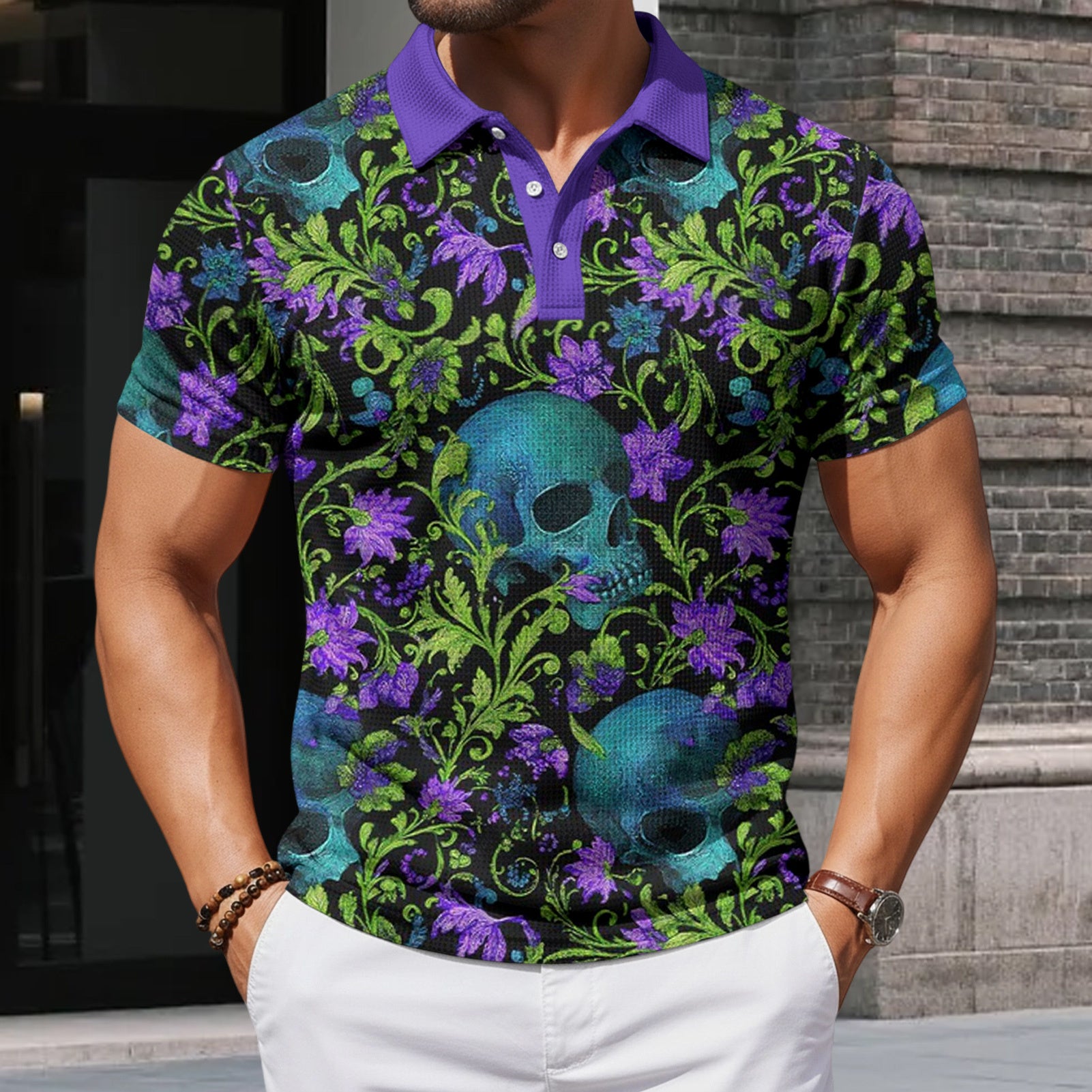 Skull Collared Tee Shirt for Men Waffle Floral Summer Short Sleeve Fashion Button Graphic Tee Shirt for Beach consistent