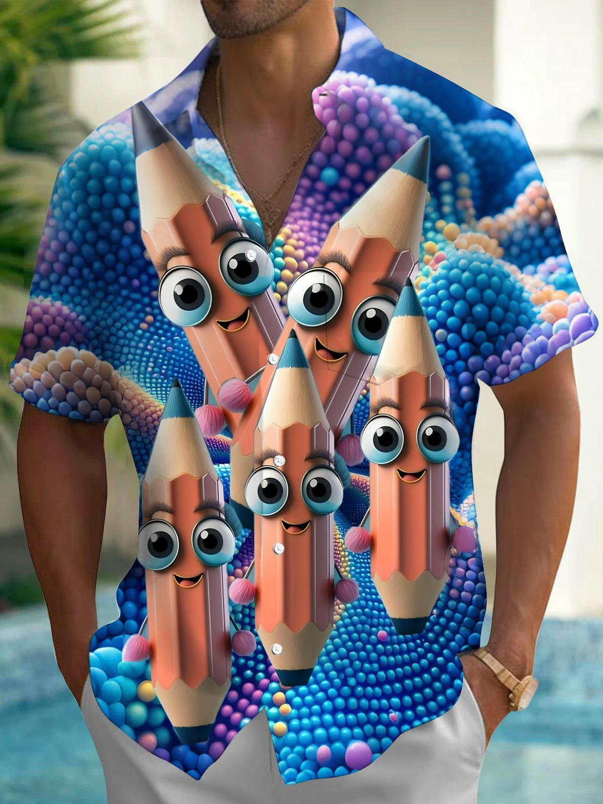 Funny Pencil Print Men's Pocket Short Sleeve Shirts