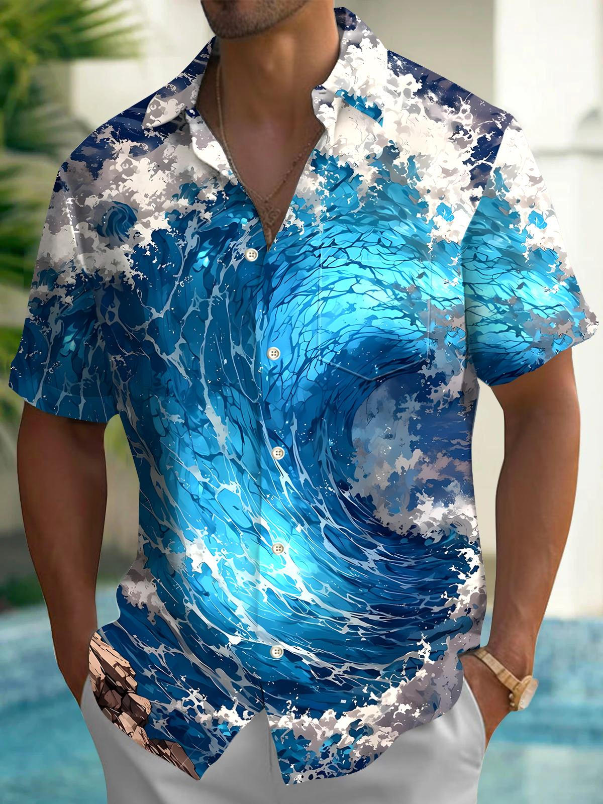 Hawaiian Ocean Waves Men's Pocket Short Sleeve Shirts