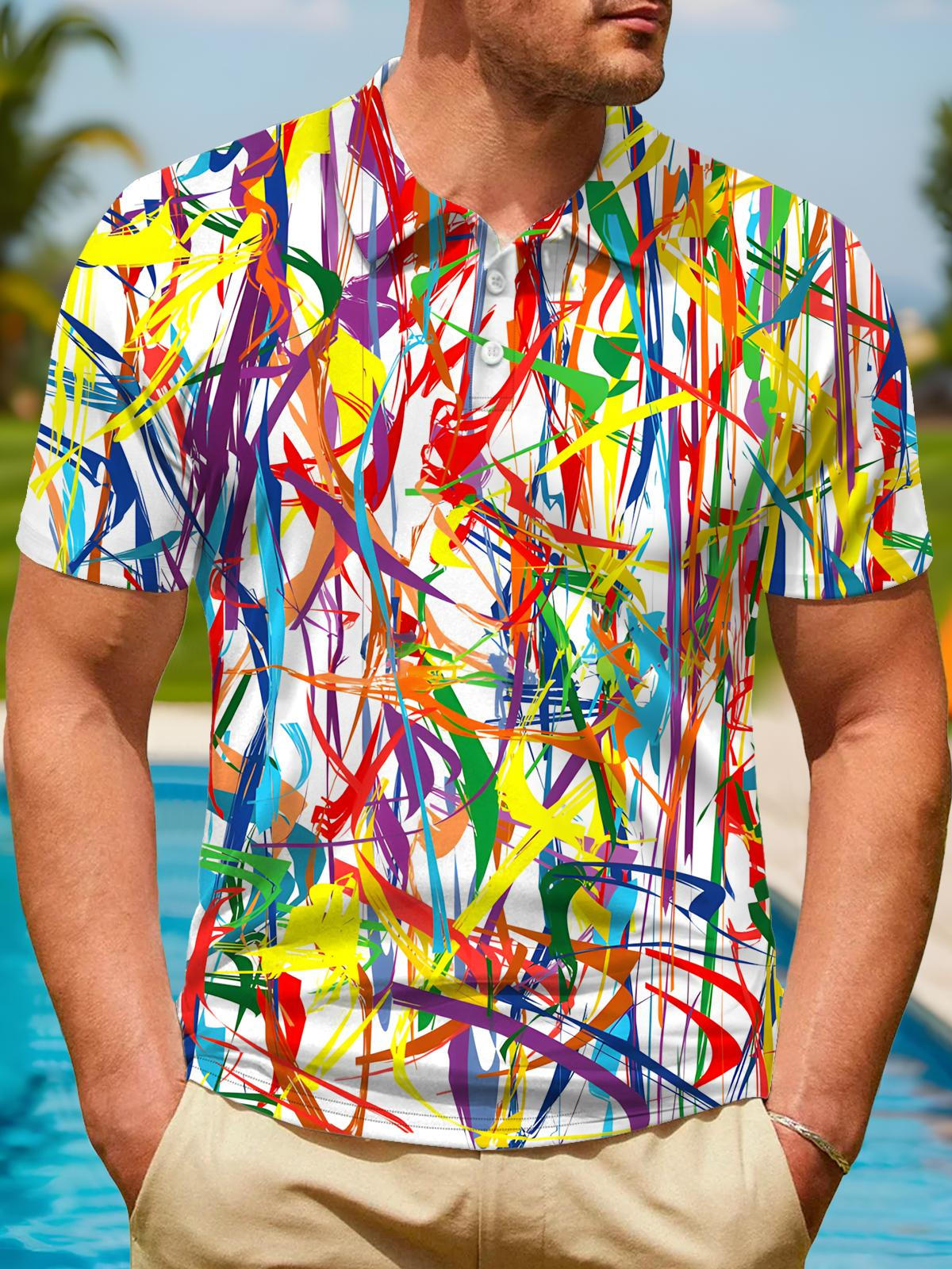 Abstract Line Print Men's Short Sleeve Button Polo