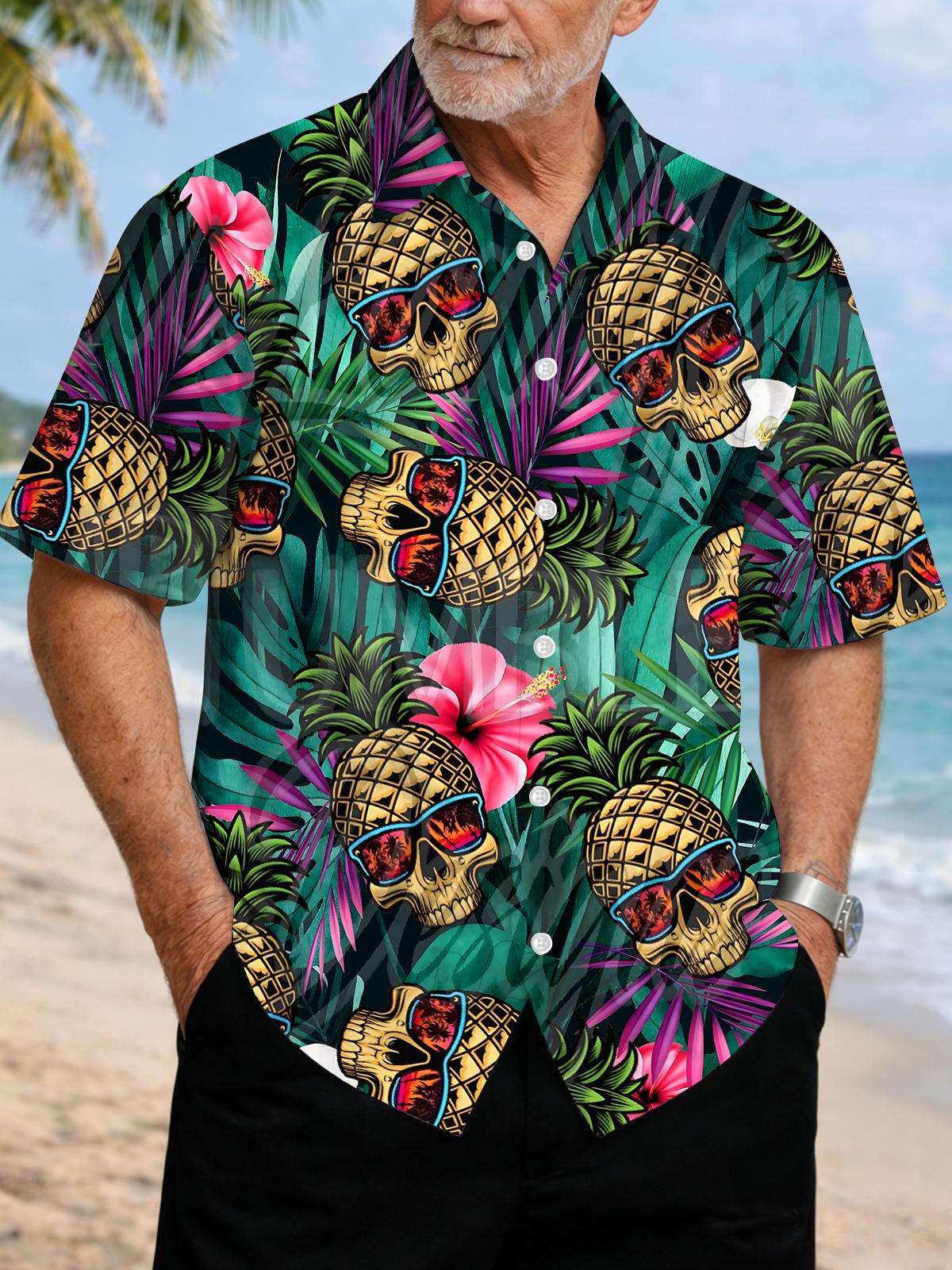 Hawaiian Pineapple Skull Plant Print Men's Pocket Short Sleeve Shirts