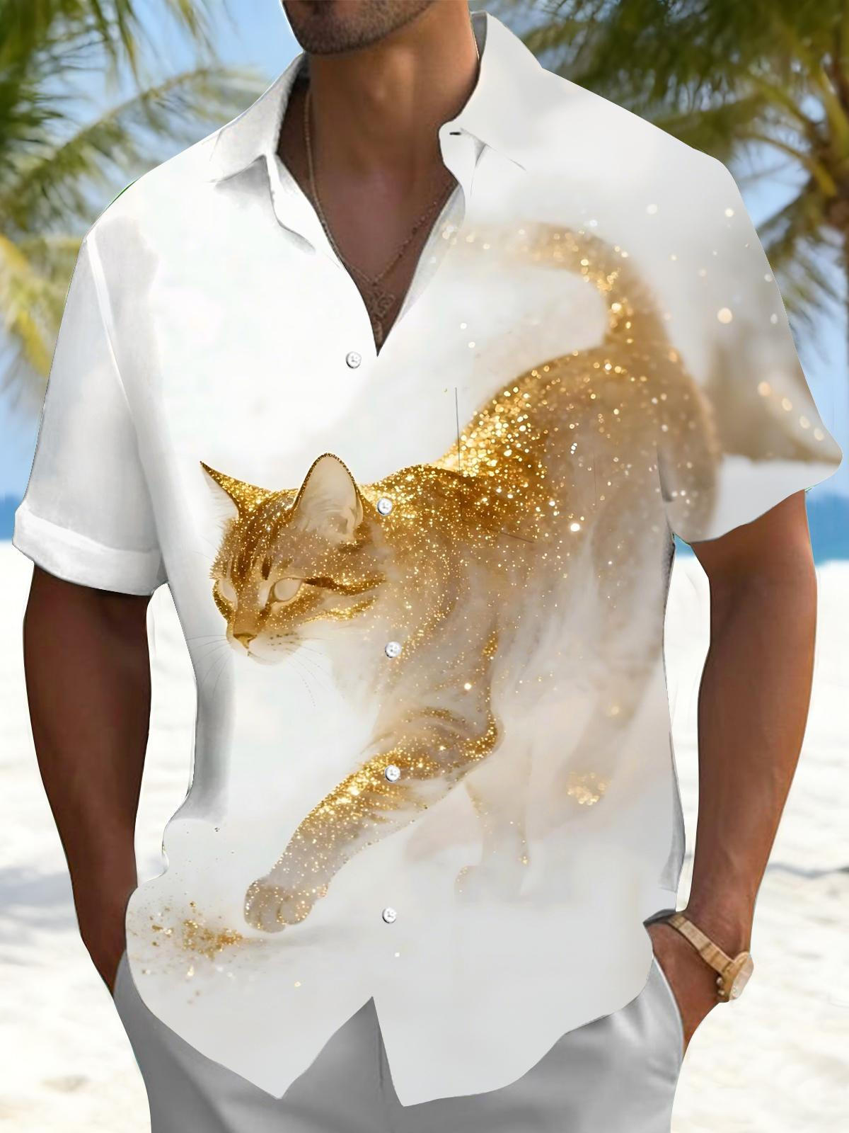 Cat Print Men's Pocket Short Sleeve Shirts