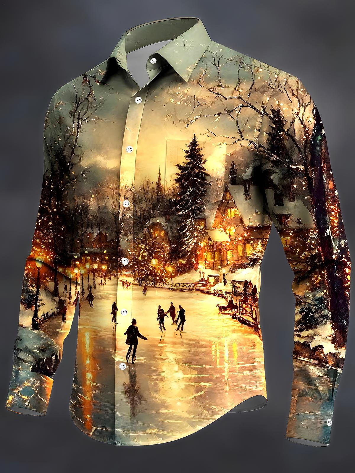 Winter Christmas Skating Men's Pocket Long Sleeve Shirts