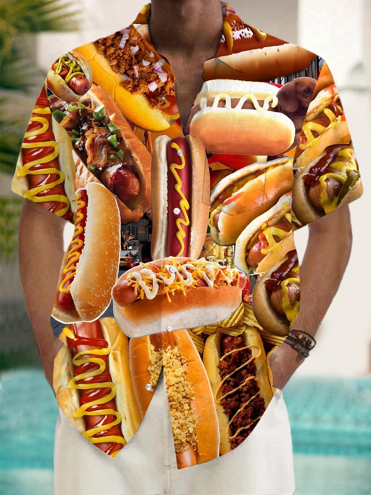 Hot Dog Print Men's Pocket Short Sleeve Shirts