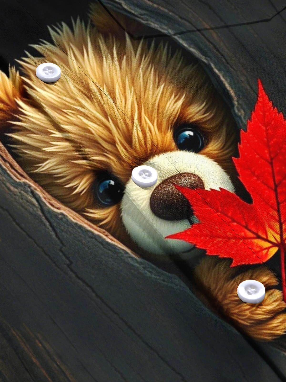 Teddy Bear Maple Leaf Print Men's Pocket Short Sleeve Shirts