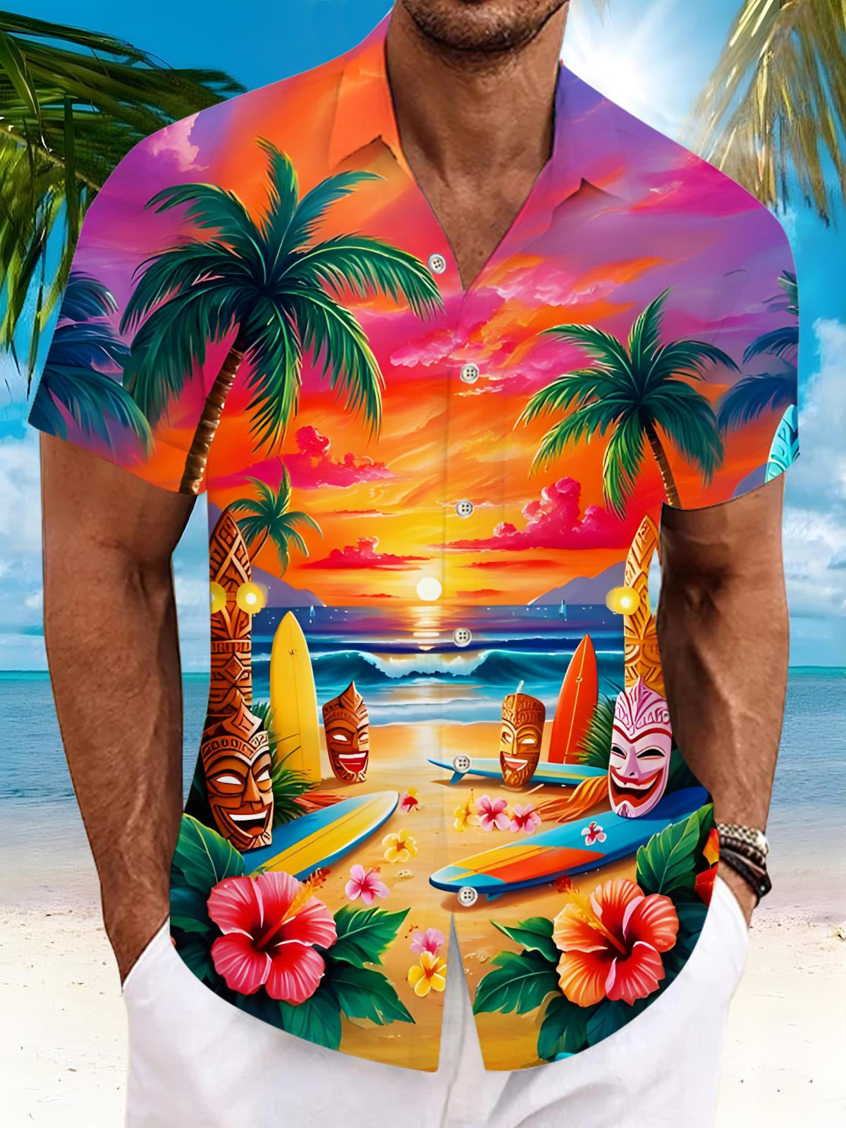 Hawaiian Coconut Tree Tiki Men's Pocket Short Sleeve Shirts