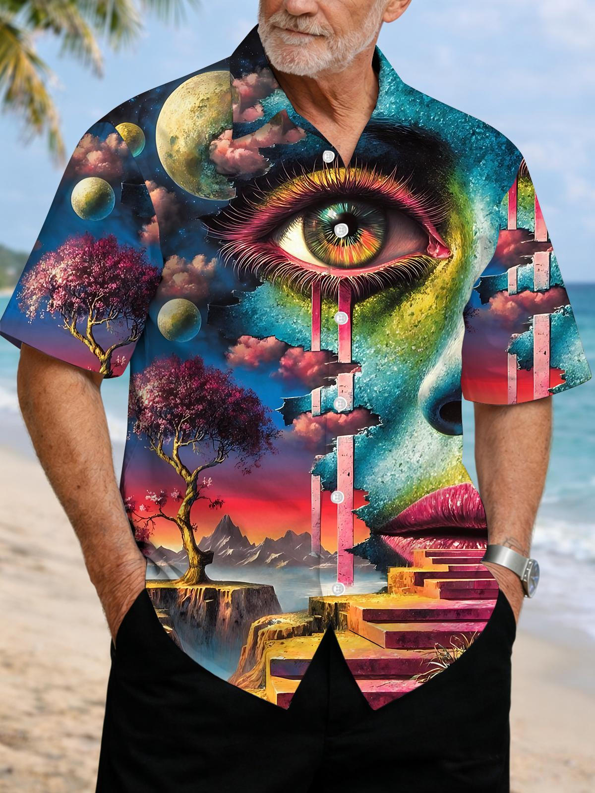 Abstract Eye Print Men's Pocket Short Sleeve Shirts