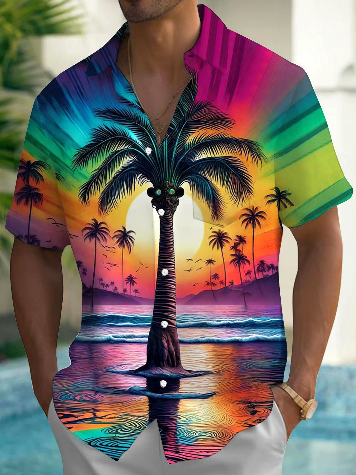 Coconut Tree Short Sleeve Men's Shirts With Pocket