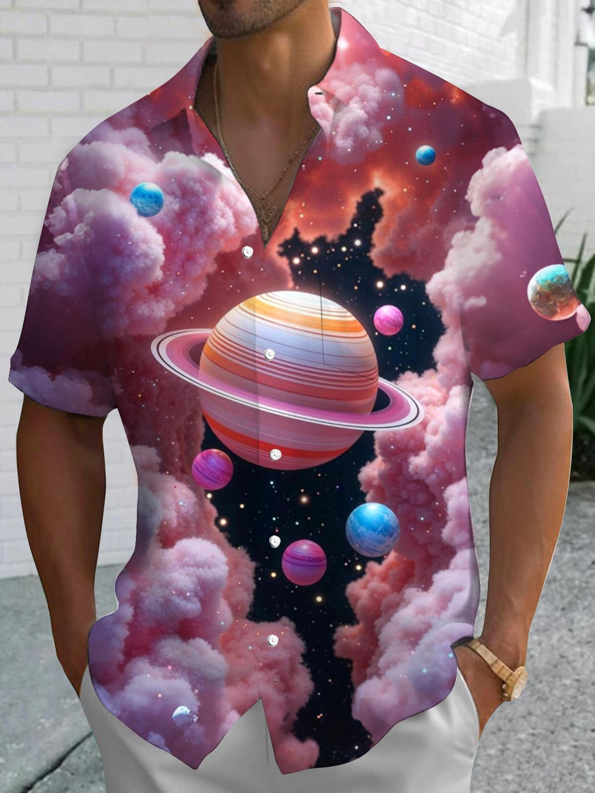 Universe Planet Print Men's Pocket Short Sleeve Shirts
