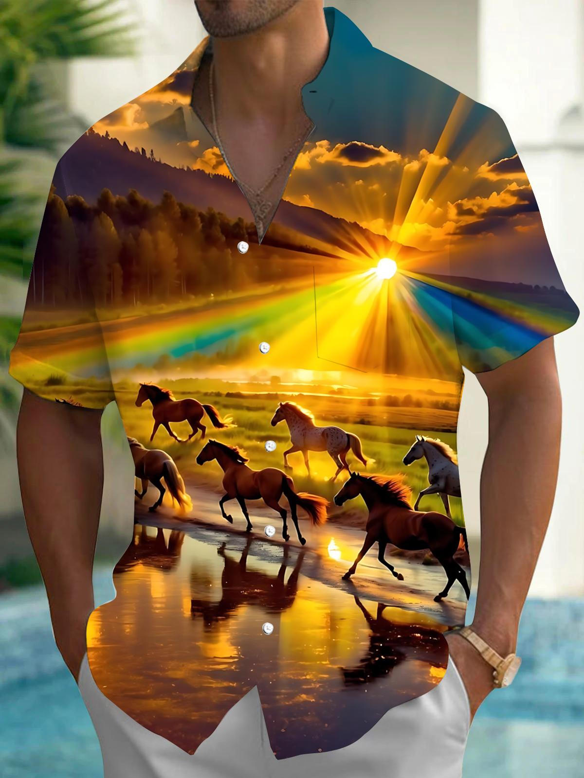 Sunset Horse Group Print Men's Pocket Short Sleeve Shirts