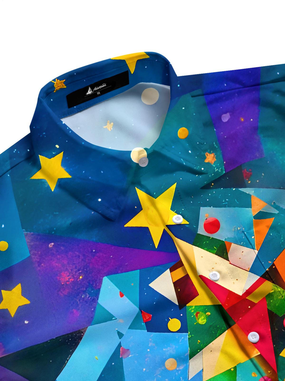 Colorful Geometric Christmas Tree Stars Men's Pocket Short Sleeve Shirts
