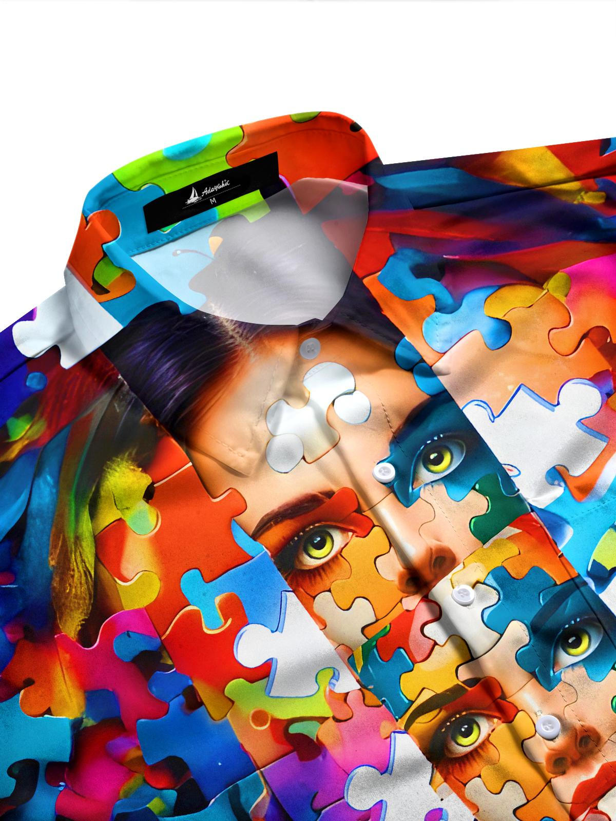 Funny Colorful Face Puzzle Men's Pocket Short Sleeve Shirts