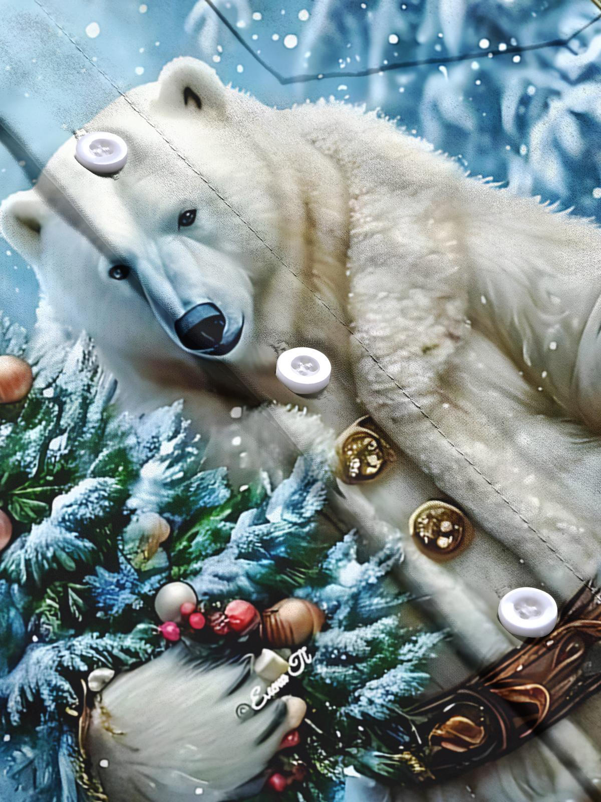 Christmas Tree Polar Bear Print Men's Pocket Short Sleeve Shirts